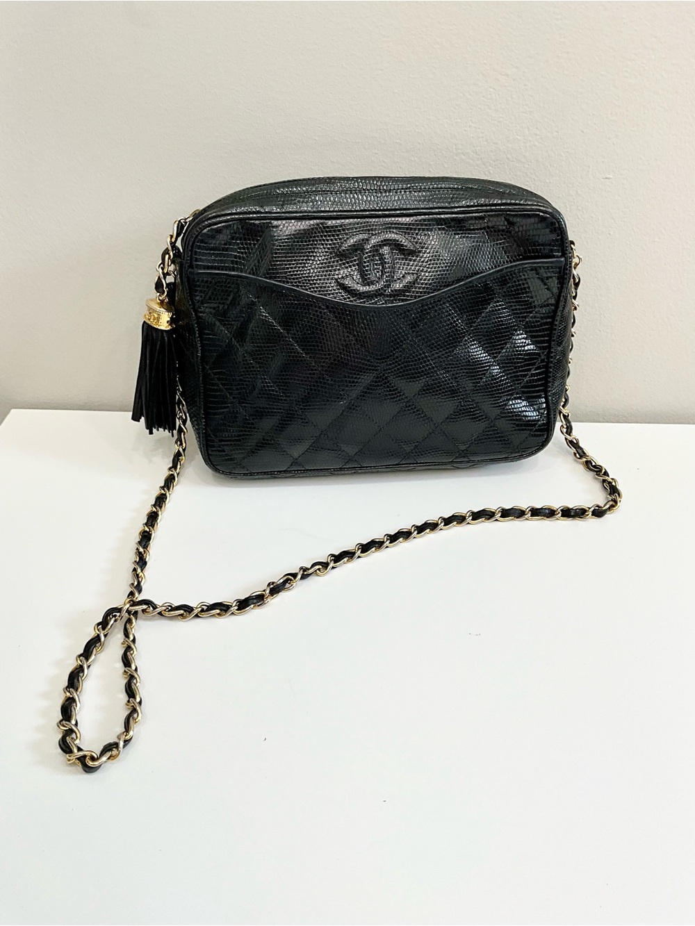 CHANEL Black Quilted Lizard Camera Bag CC Logo Tassel Gold Chain Crossbody CERT